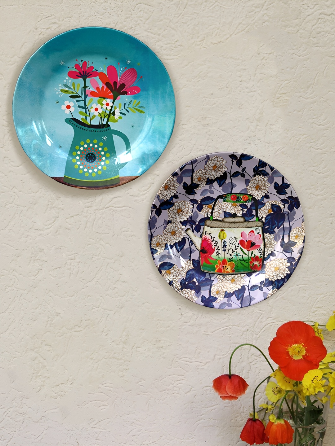 JIKRAA Blue & Beige 2 Pieces Floral Printed Ceramic Round Wall Plate
