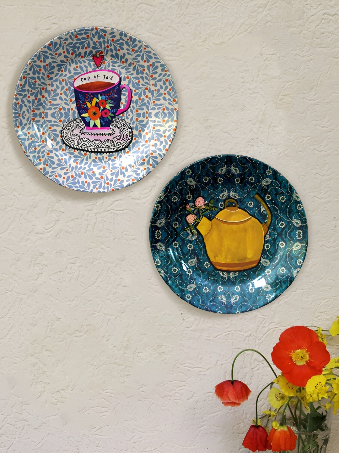 JIKRAA Blue & Yellow 2 Pieces Floral Printed Ceramic Round Wall Plate, Beige