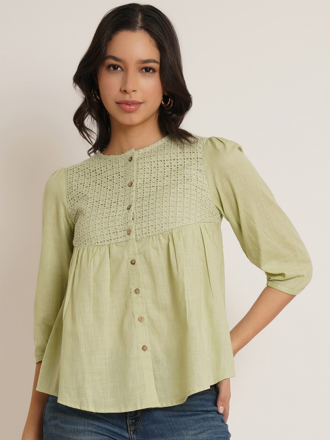 

IX IMPRESSION Puff Sleeve Cotton Regular Top, Lime green