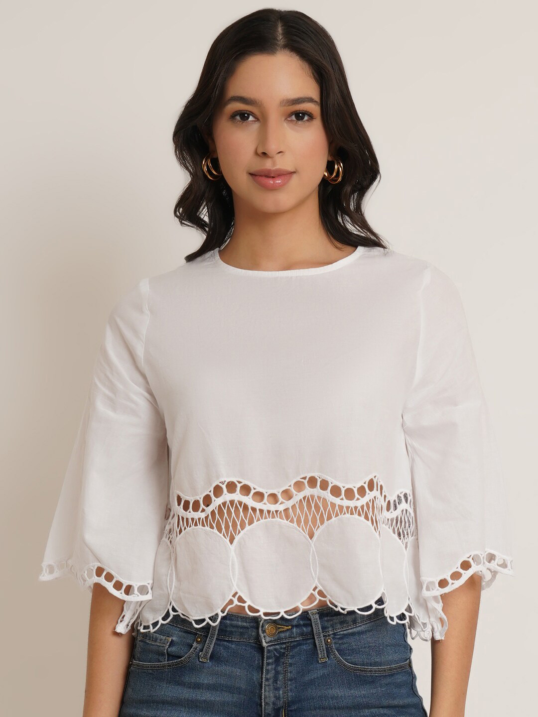 

IX IMPRESSION Bell Sleeves Lace Pure Cotton Crop Top, White