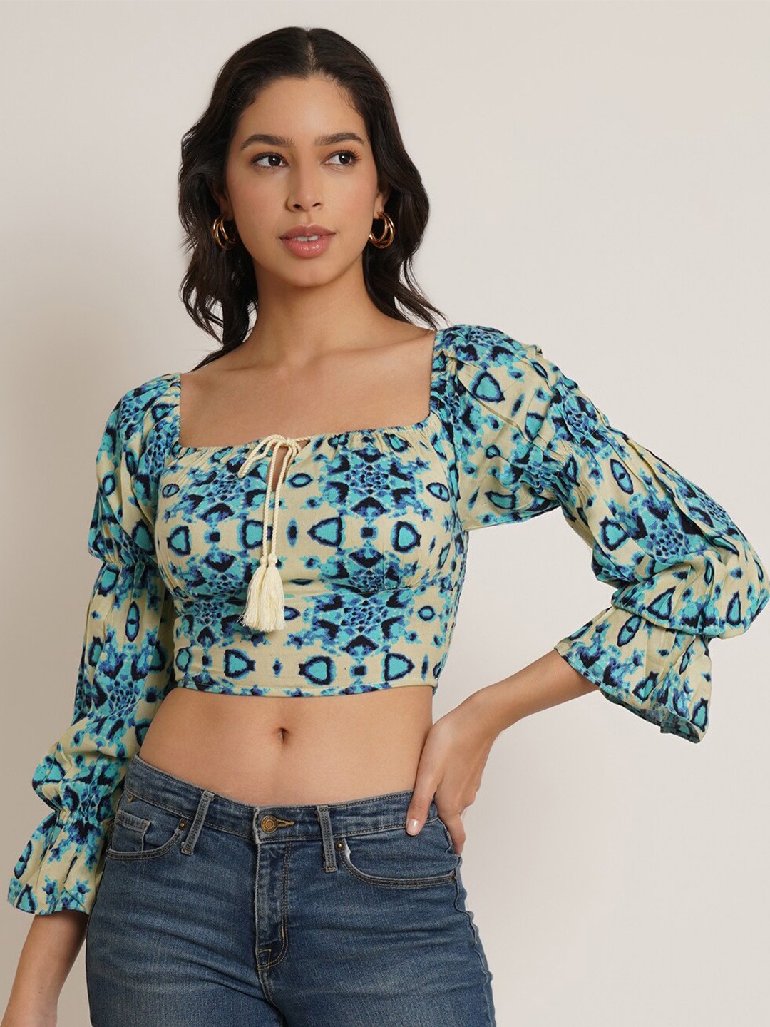 

IX IMPRESSION Abstract Printed Bardot Crop Top, Cream