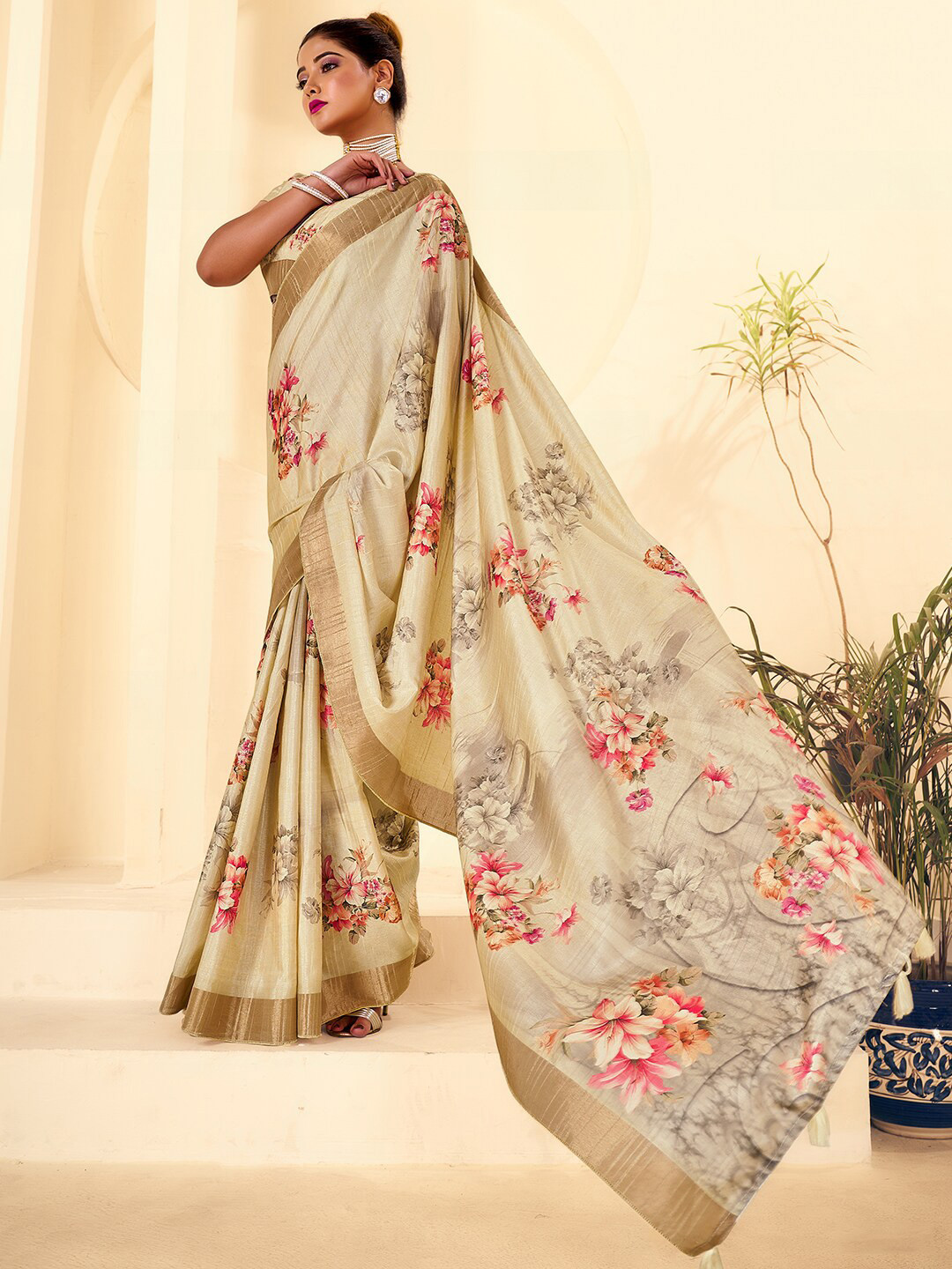 

SANSKAR Floral Printed Art Silk Digital Embellished Saree, Off white