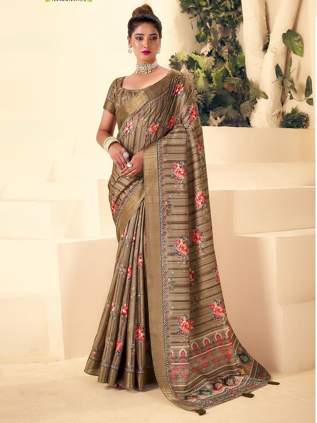 

SANSKAR Floral Embellished Saree, Beige
