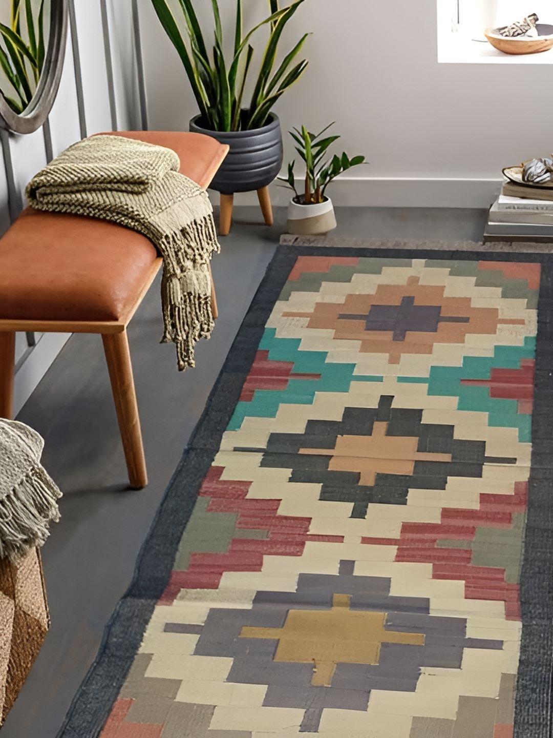 

Budhrajrugs Grey & Off White Geometric Woven Rectangular Dhurrie