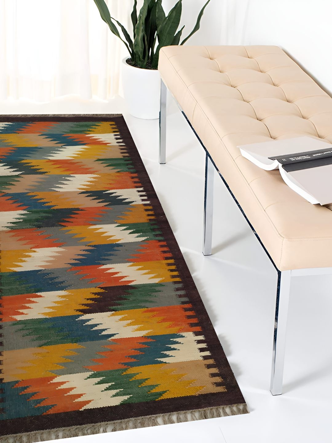 Budhrajrugs Red & Yellow Geometric Woven Rectangular Dhurrie