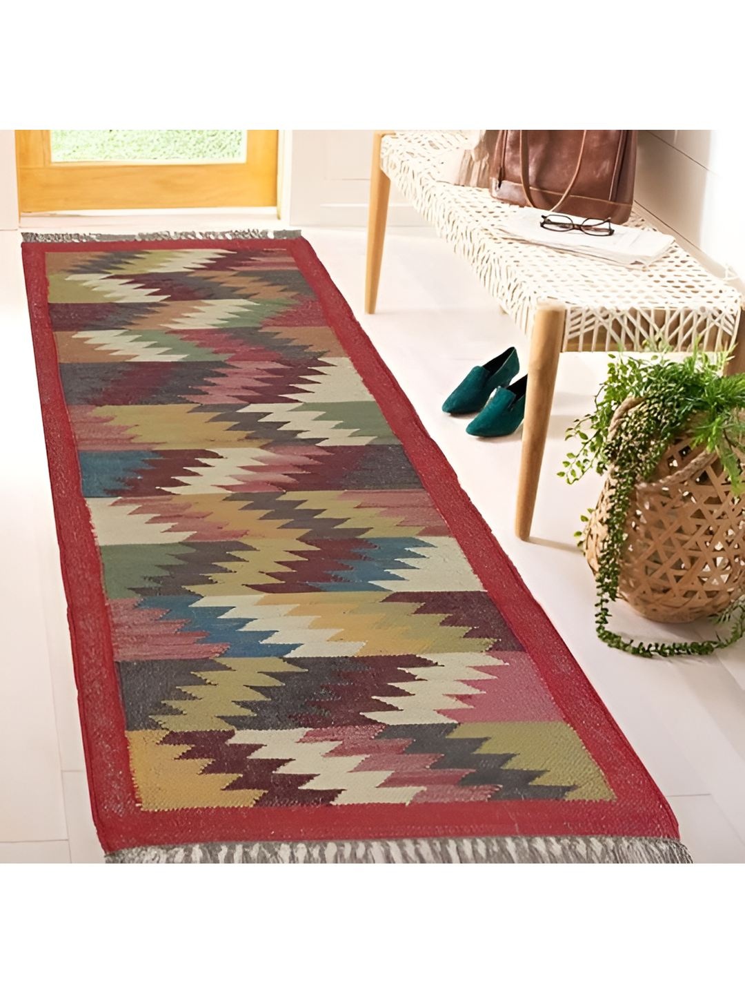 

Budhrajrugs Red & Beige Geometric Woven Rectangular Dhurrie