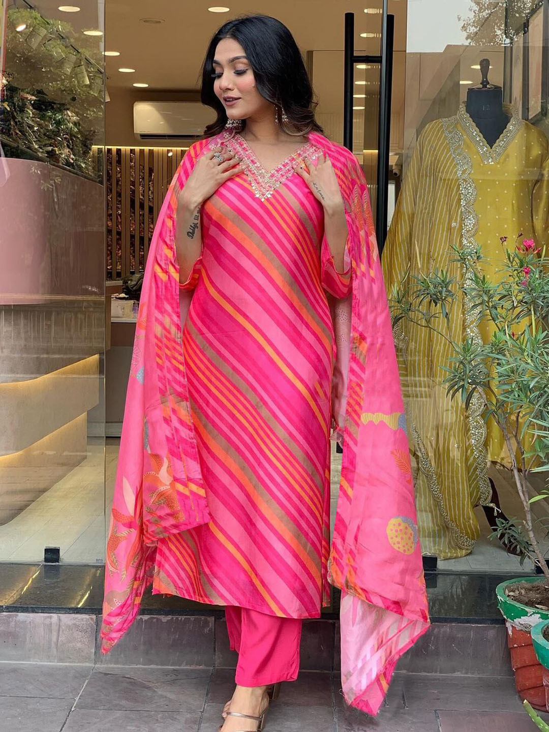 

KALINI Striped Thread Work Detailed Straight Kurta & Trouser With Dupatta, Pink