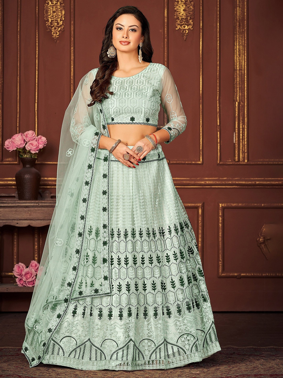 

KALINI Embroidered Ready to Wear Lehenga & Unstitched Blouse With Dupatta, Turquoise blue