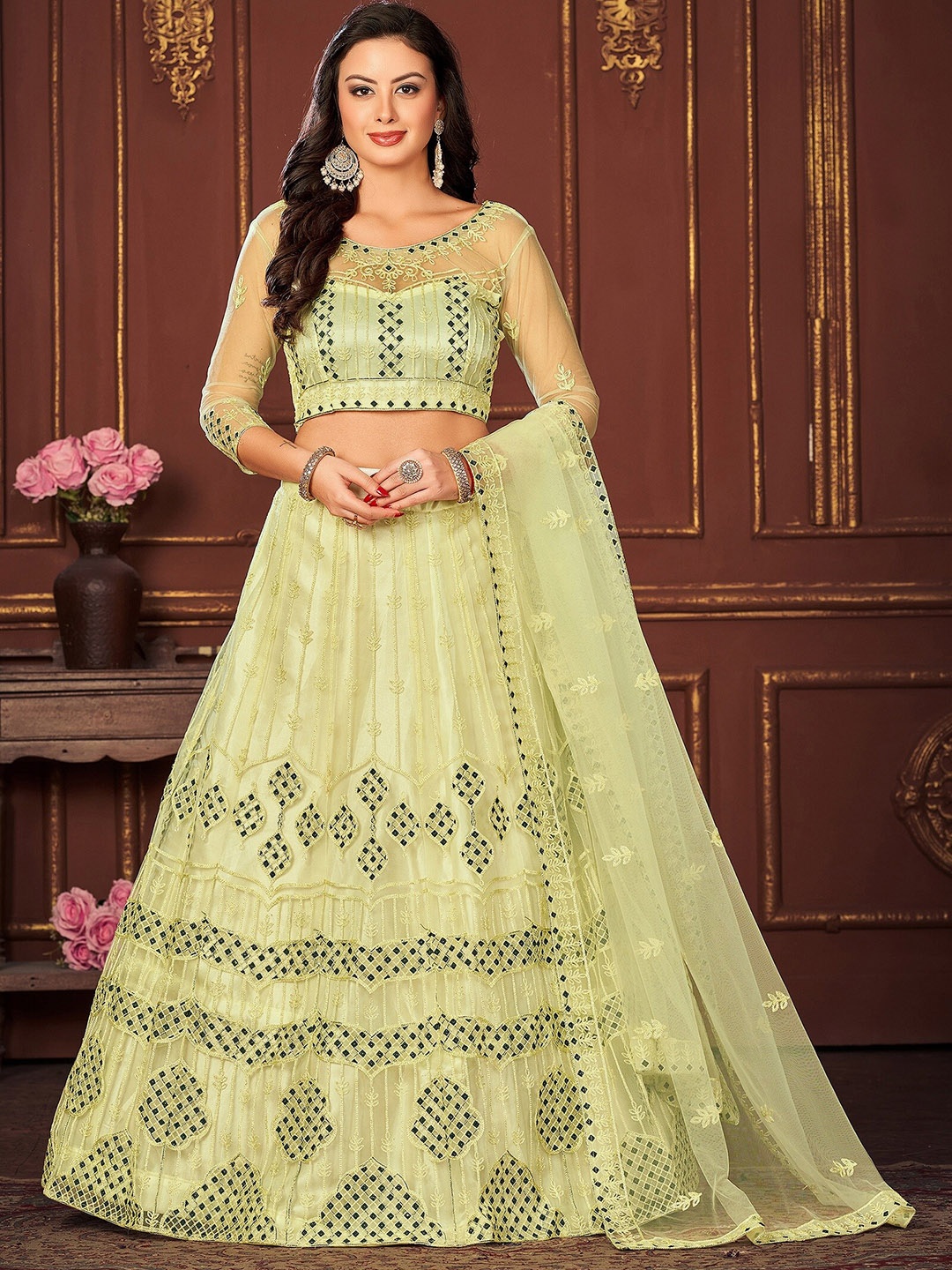 

KALINI Embroidered Thread Work Ready to Wear Lehenga & Unstitched Blouse With Dupatta, Yellow