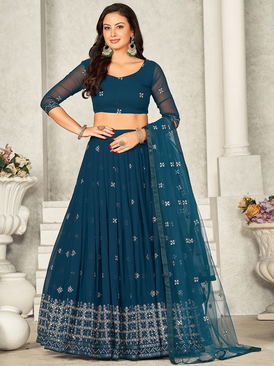 

KALINI Embroidered Sequinned Ready to Wear Lehenga & Unstitched Blouse With Dupatta, Turquoise blue