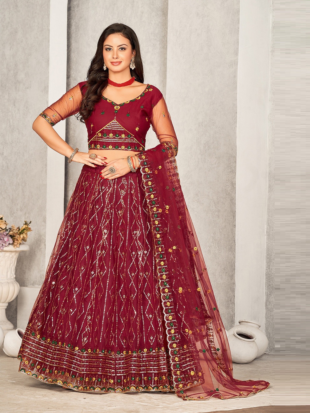 

KALINI Embroidered Ready to Wear Lehenga & Unstitched Blouse With Dupatta, Maroon