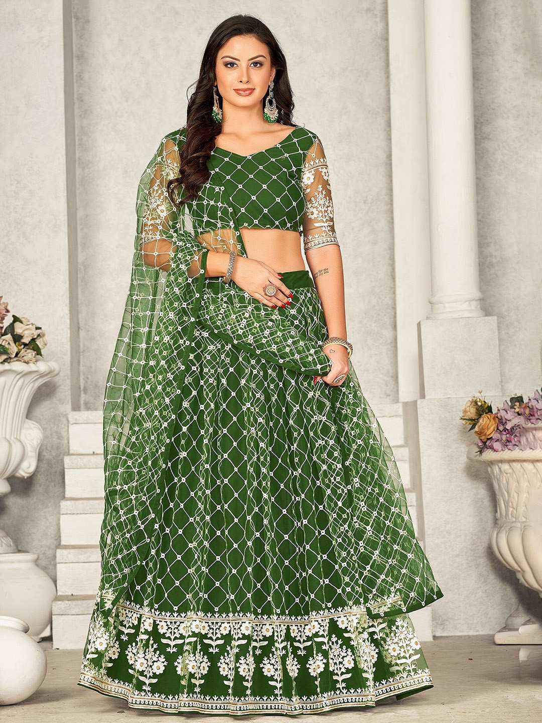 

KALINI Embroidered Net Ready to Wear Lehenga & Unstitched Blouse With Dupatta, Lime green