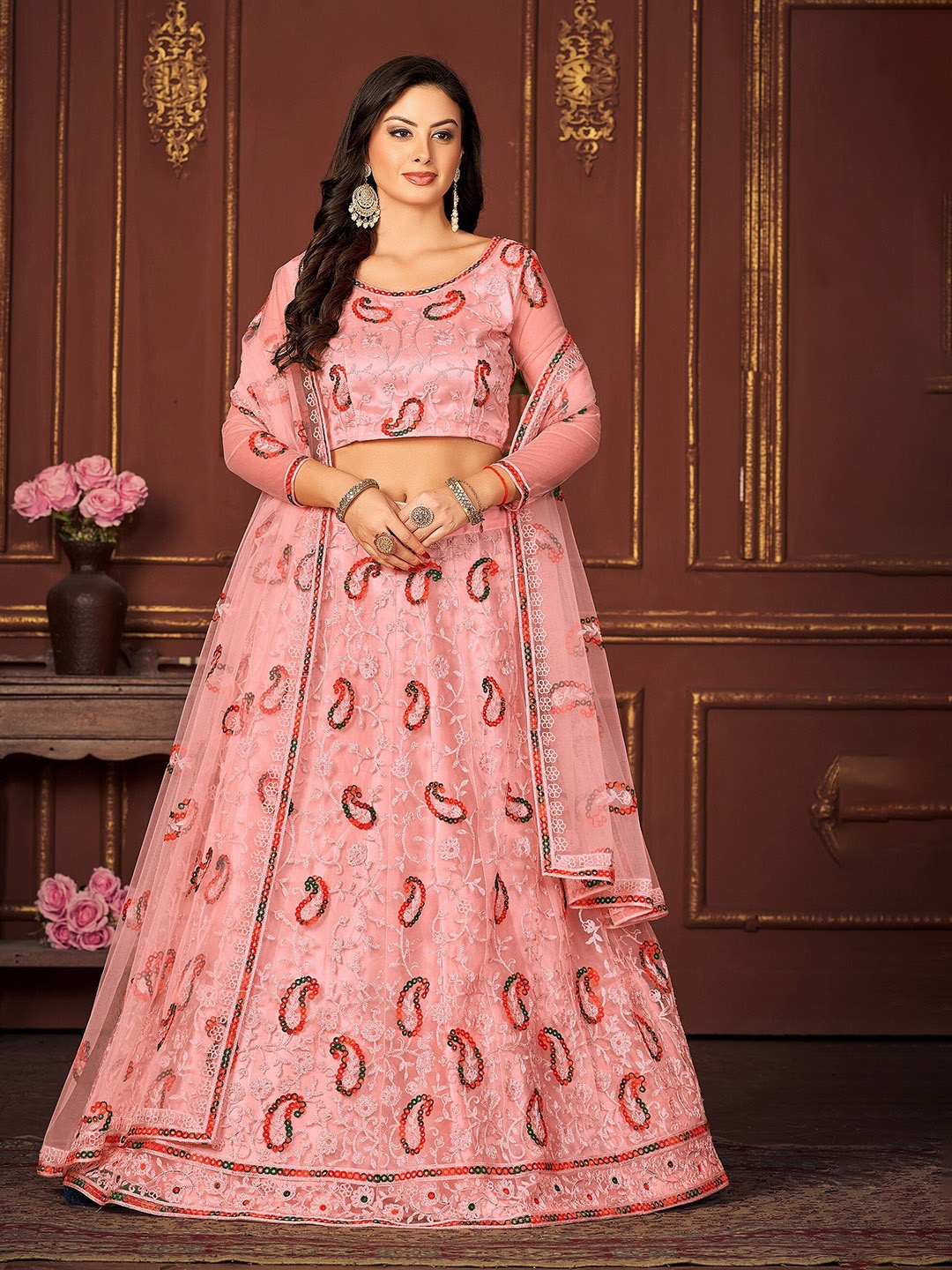 

KALINI Embroidered Thread Work Net Ready to Wear Lehenga & Unstitched Blouse With Dupatta, Peach