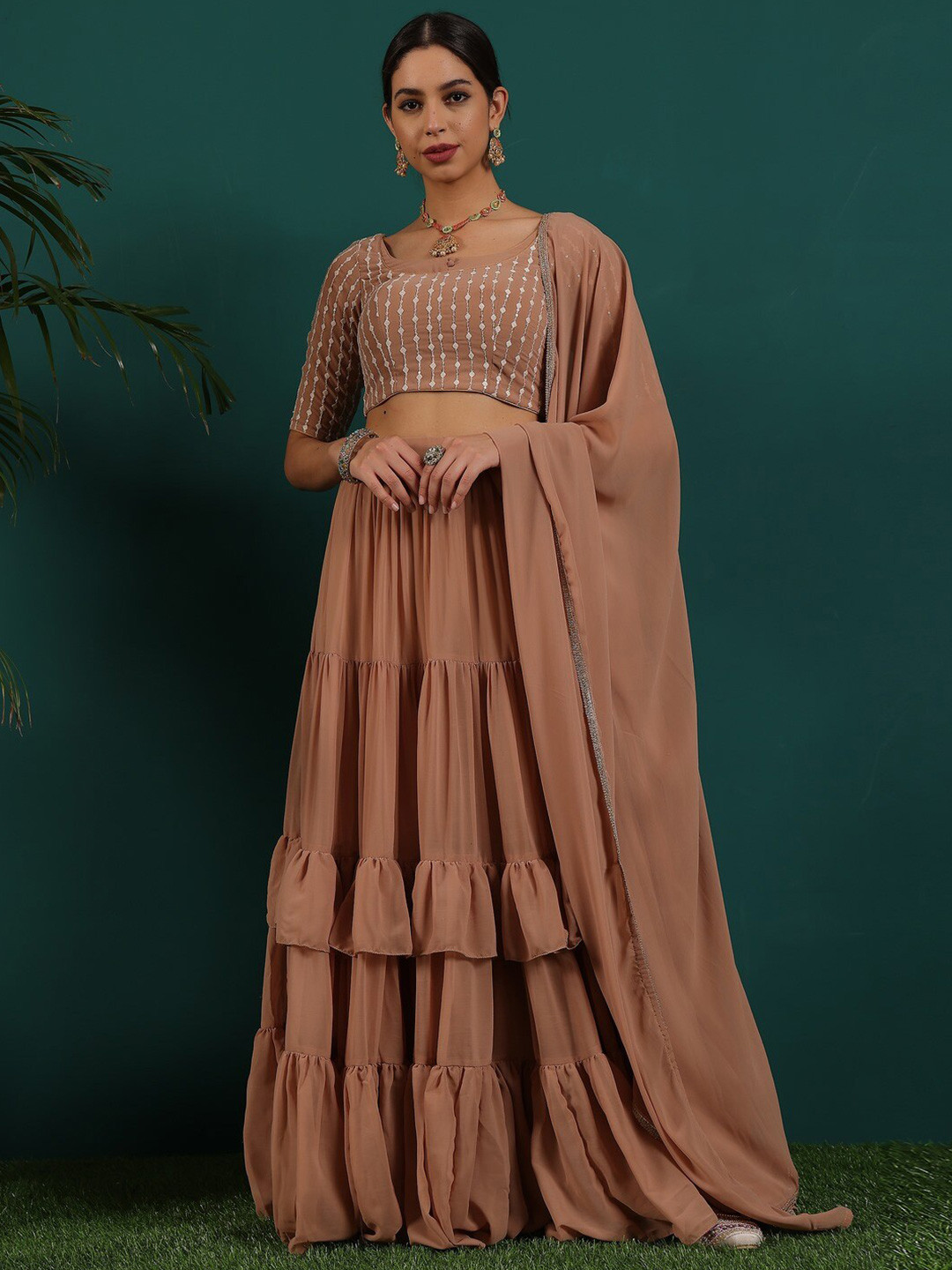 

Ethnovog Embroidered Thread Work Ready to Wear Lehenga & Blouse With Dupatta, Beige