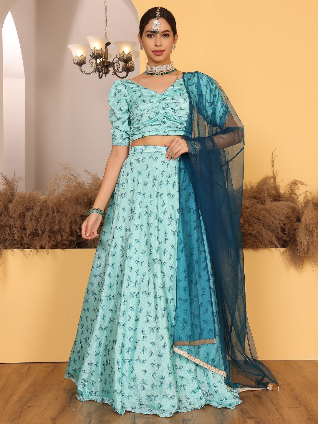 

Ethnovog Floral Printed Ready To Wear Lehenga & Blouse With Dupatta, Blue