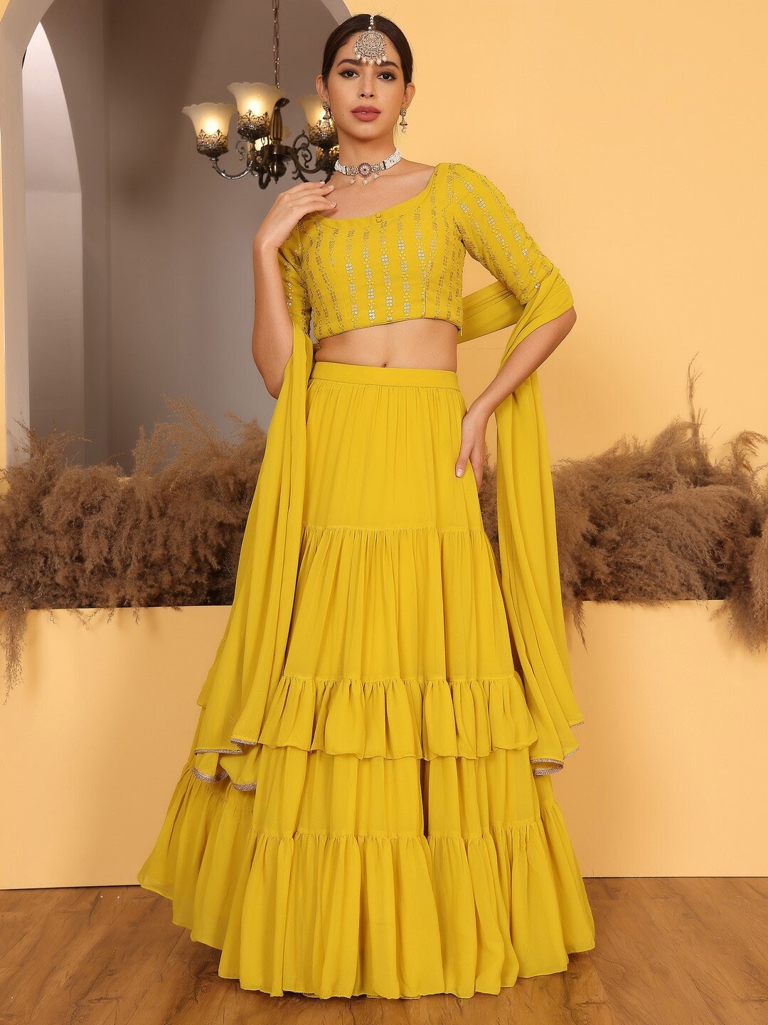 

Ethnovog Embellished Sequinned Ready To Wear Lehenga & Blouse With Dupatta, Mustard