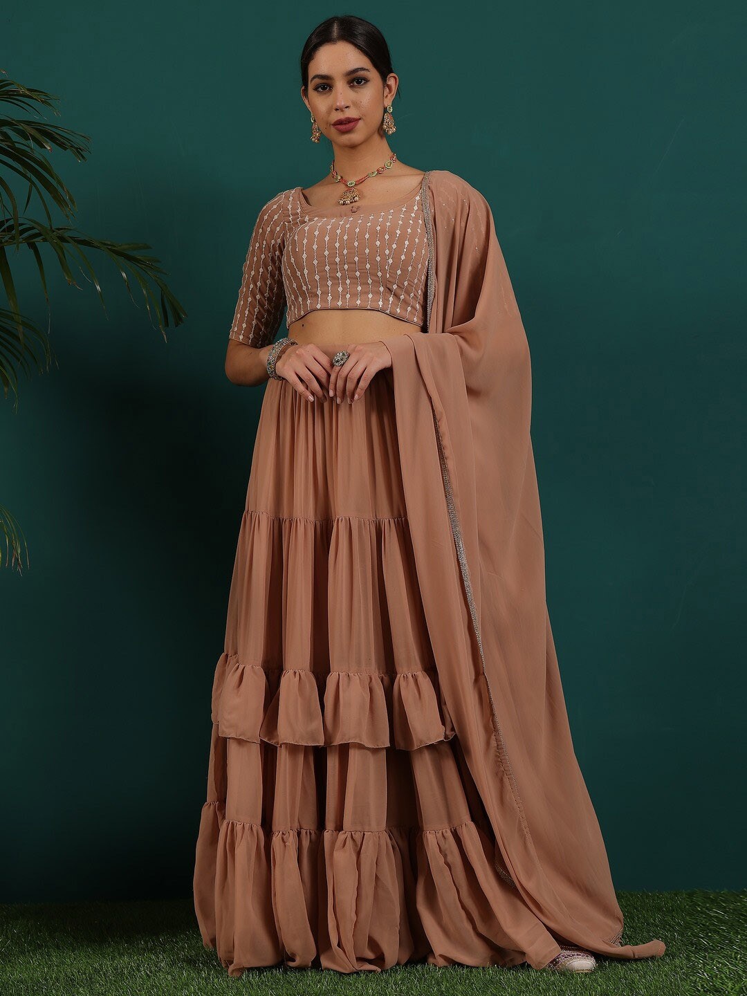 

Ethnovog Embellished Sequinned Ready To Wear Lehenga & Blouse With Dupatta, Beige