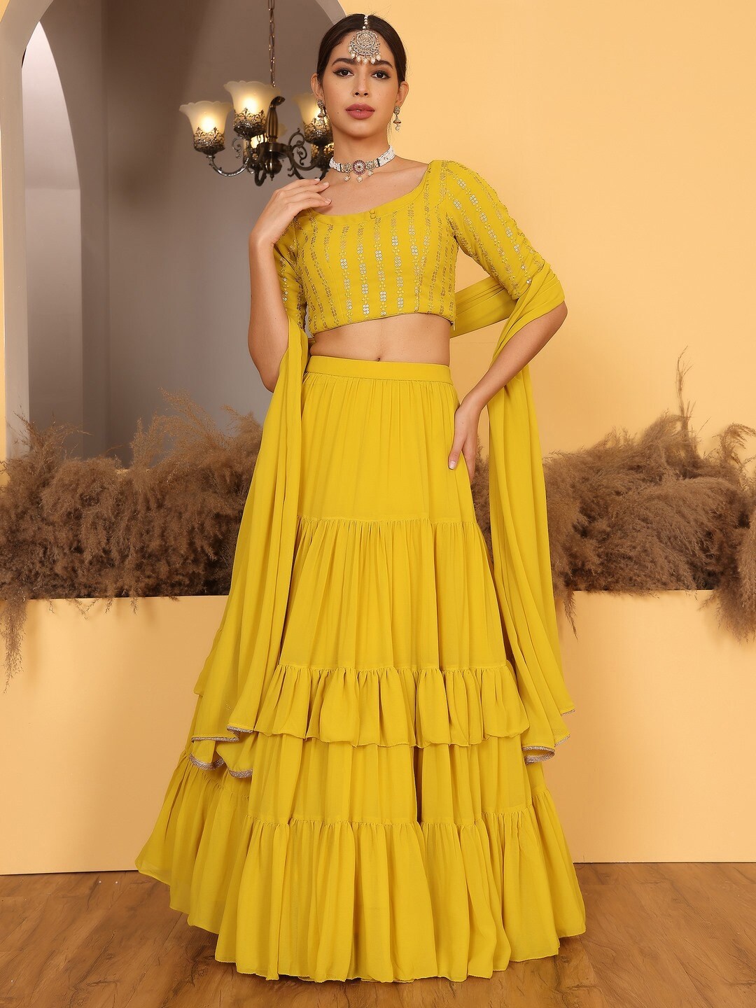

Ethnovog Embellished Sequinned Ready To Wear Lehenga & Blouse With Dupatta, Mustard