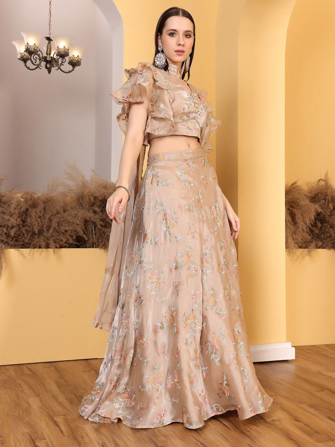 

Ethnovog Floral Embroidered Ready To Wear Lehenga & Blouse With Dupatta, Peach