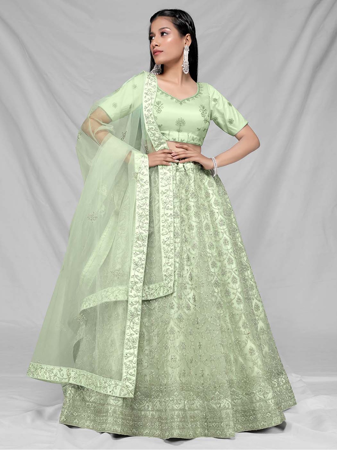 

HALFSAREE STUDIO Embroidered Semi-Stitched Lehenga Choli With Dupatta, Green