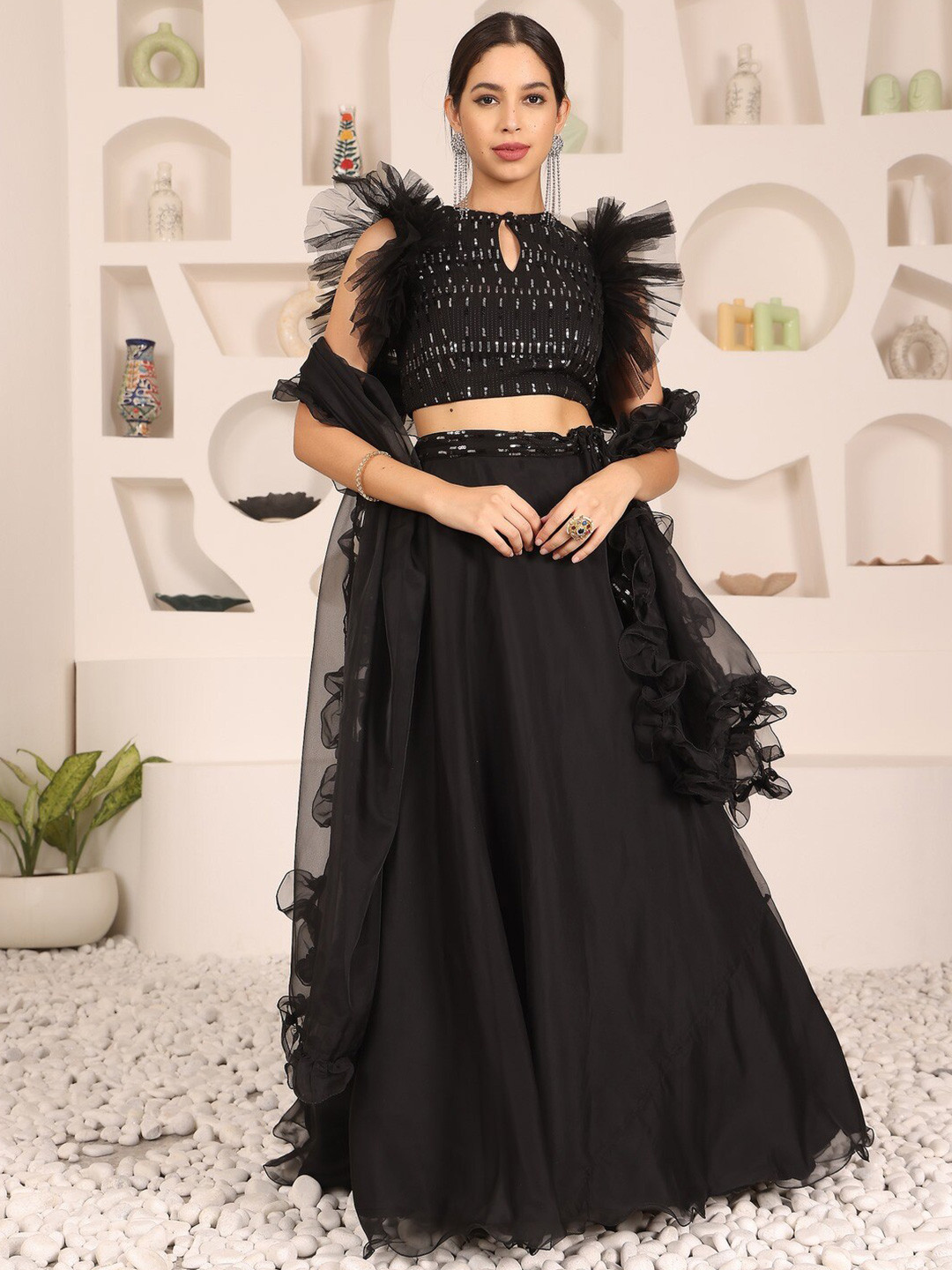 

Ethnovog Embellished Key-hole Neck Sleeveless Ready to Wear Lehenga & Blouse With Dupatta, Black