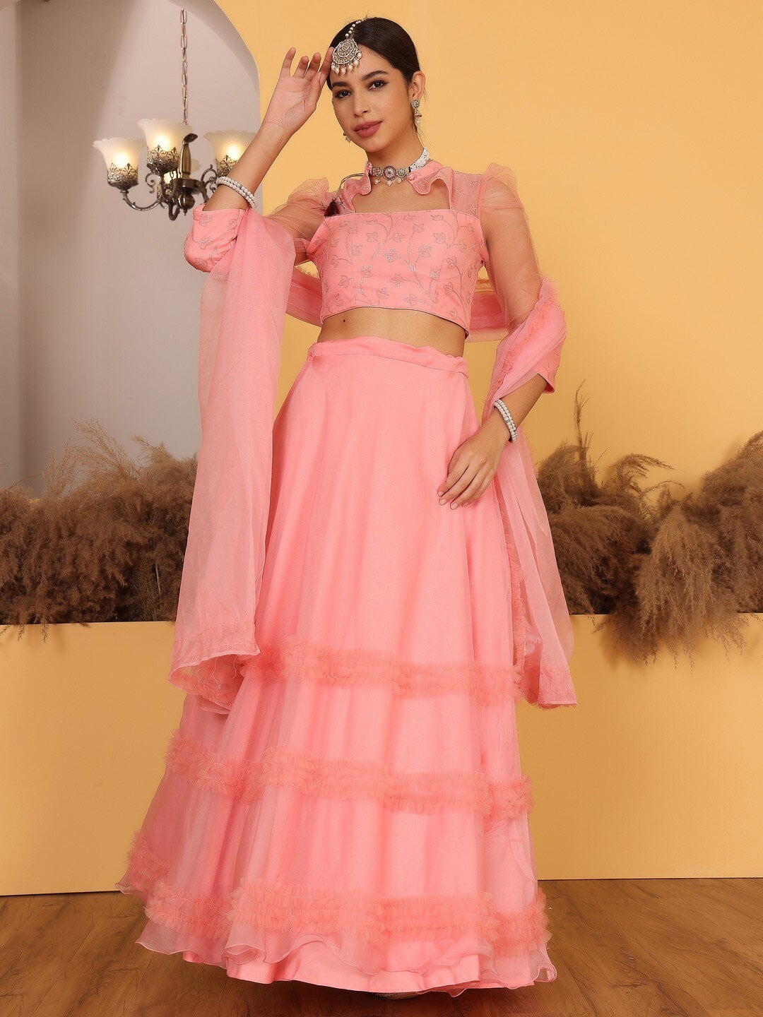 

Ethnovog Embroidered Sequinned Ready to Wear Lehenga & Blouse With Dupatta, Pink