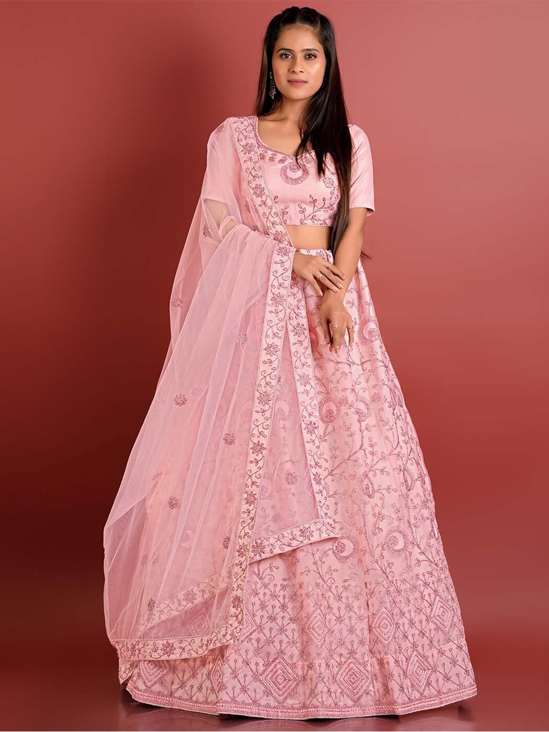 

HALFSAREE STUDIO Embroidered Net Semi-Stitched Lehenga & Unstitched Blouse With Dupatta, Peach