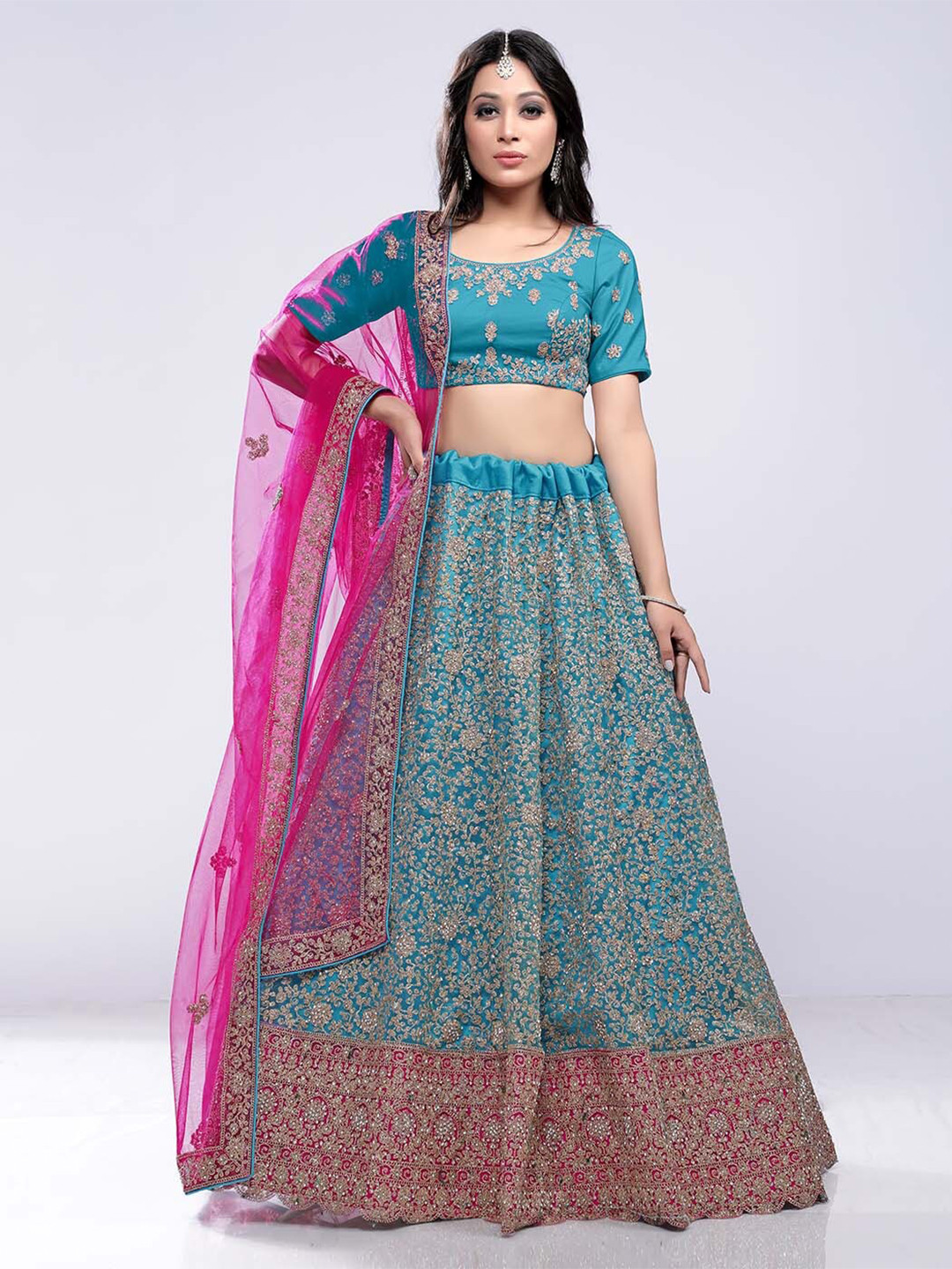 

HALFSAREE STUDIO Embroidered Semi-Stitched Lehenga & Unstitched Blouse With Dupatta, Blue
