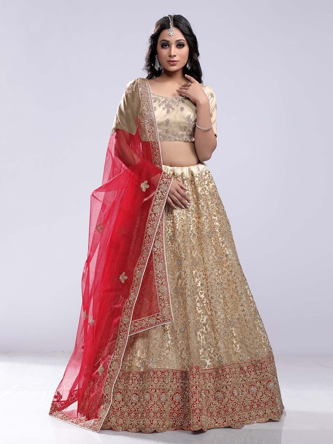 

HALFSAREE STUDIO Embroidered Semi-Stitched Lehenga Choli With Dupatta, Cream