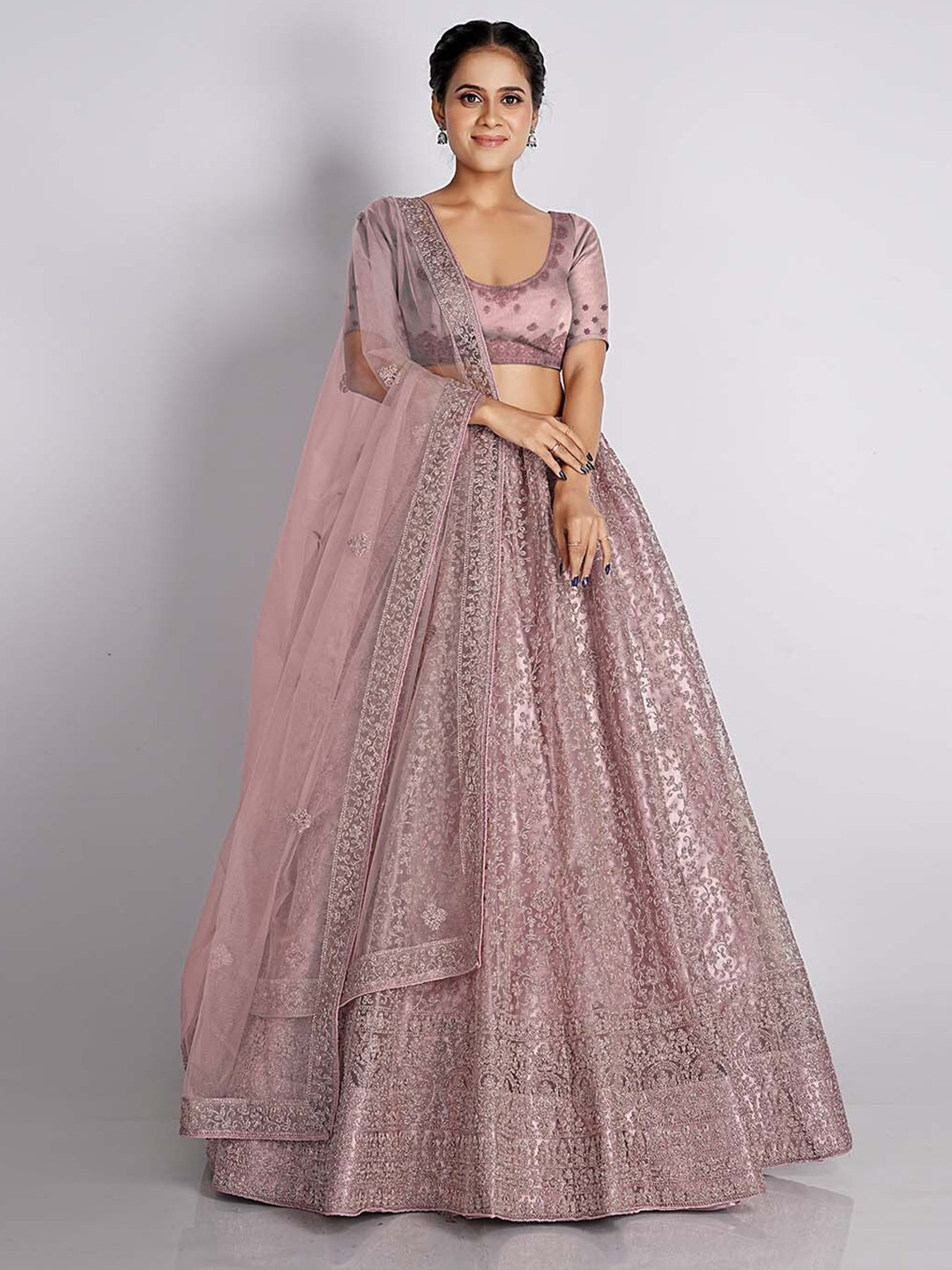 

HALFSAREE STUDIO Pink & Embroidered Semi-Stitched Lehenga & Unstitched Blouse With Dupatta