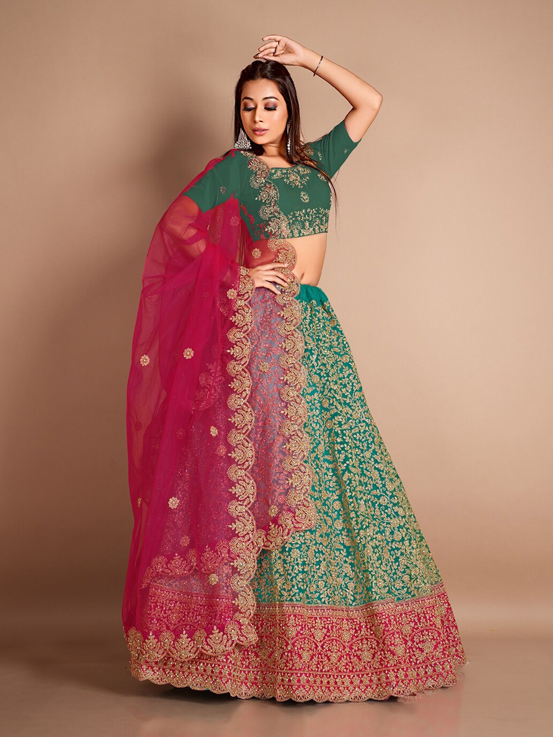 

HALFSAREE STUDIO Embroidered Semi-Stitched Lehenga Choli With Dupatta, Green