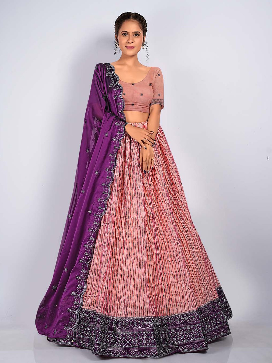 

HALFSAREE STUDIO Embellished Silk Semi-Stitched Lehenga & Unstitched Blouse With Dupatta, Peach