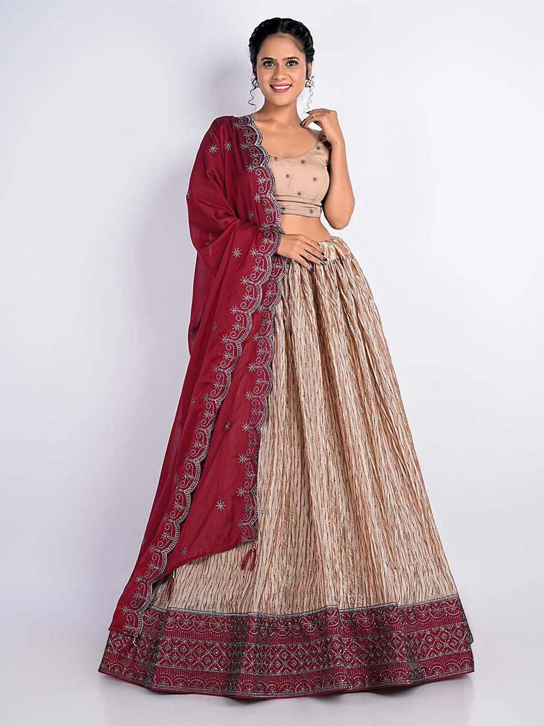 

HALFSAREE STUDIO Embroidered Semi-Stitched Lehenga & Unstitched Blouse With Dupatta, Cream