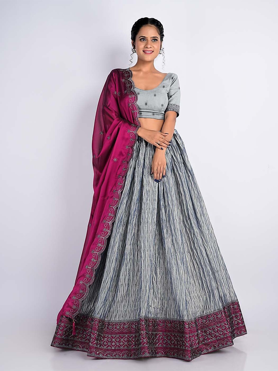 

HALFSAREE STUDIO Embroidered Silk Semi-Stitched Lehenga & Unstitched Blouse With Dupatta, Grey