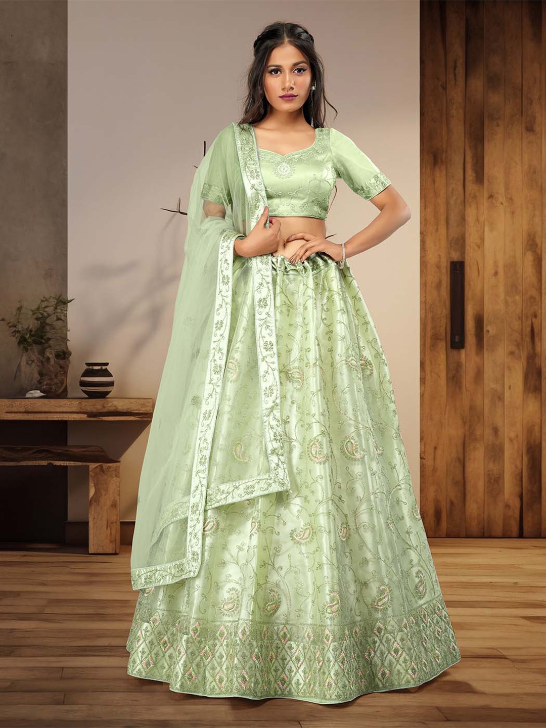 

HALFSAREE STUDIO Embroidered Net Semi-Stitched Lehenga & Unstitched Blouse With Dupatta, Green
