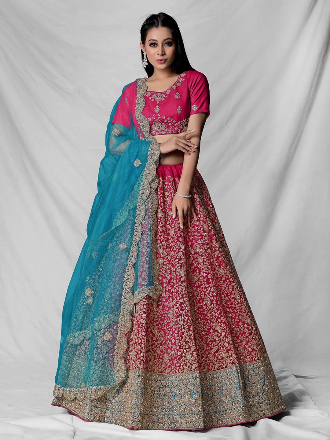 

HALFSAREE STUDIO Embroidered Semi-Stitched Lehenga & Unstitched Blouse With Dupatta, Pink