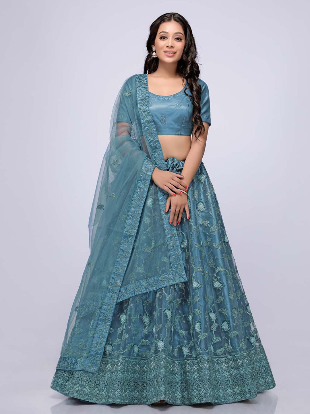 

HALFSAREE STUDIO Embroidered Semi-Stitched Lehenga & Unstitched Blouse With Dupatta, Teal