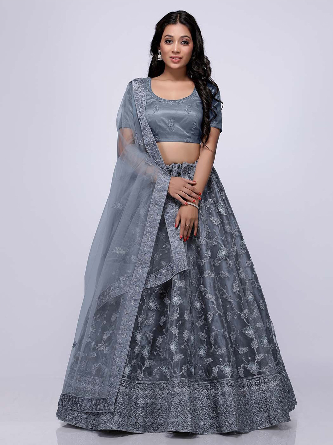 

HALFSAREE STUDIO Embroidered Semi-Stitched Lehenga & Unstitched Blouse With Dupatta, Grey