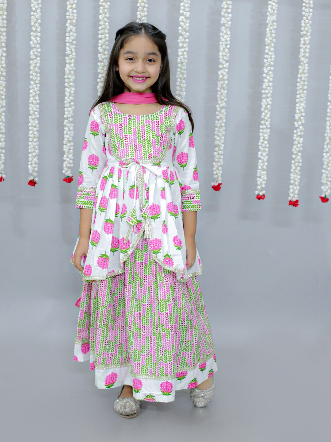 

Ka-mee Girls Pink Printed Ready to Wear Lehenga & Unstitched Blouse With Dupatta