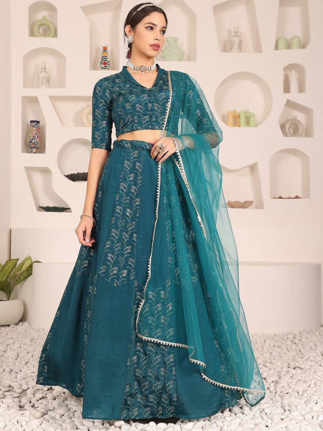 

Ethnovog Embellished Sequinned Ready To Wear Lehenga & Blouse With Dupatta, Blue