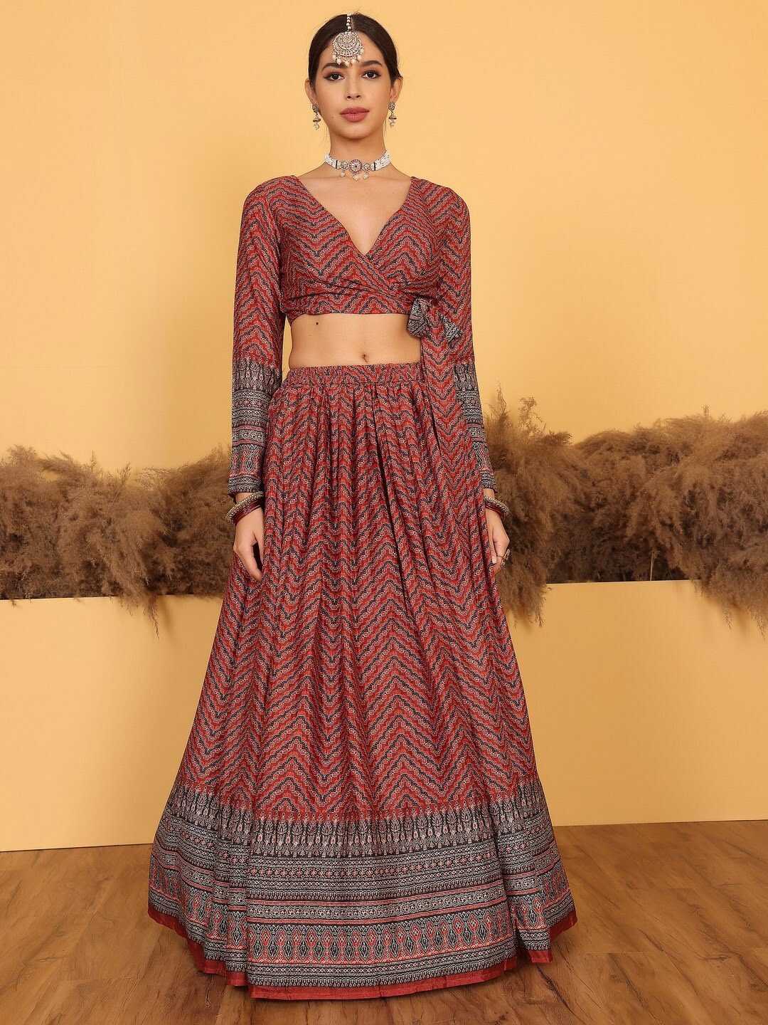 

Ethnovog Ethnci Motifs Printed Ready to Wear Lehenga & Blouse With Dupatta, Red