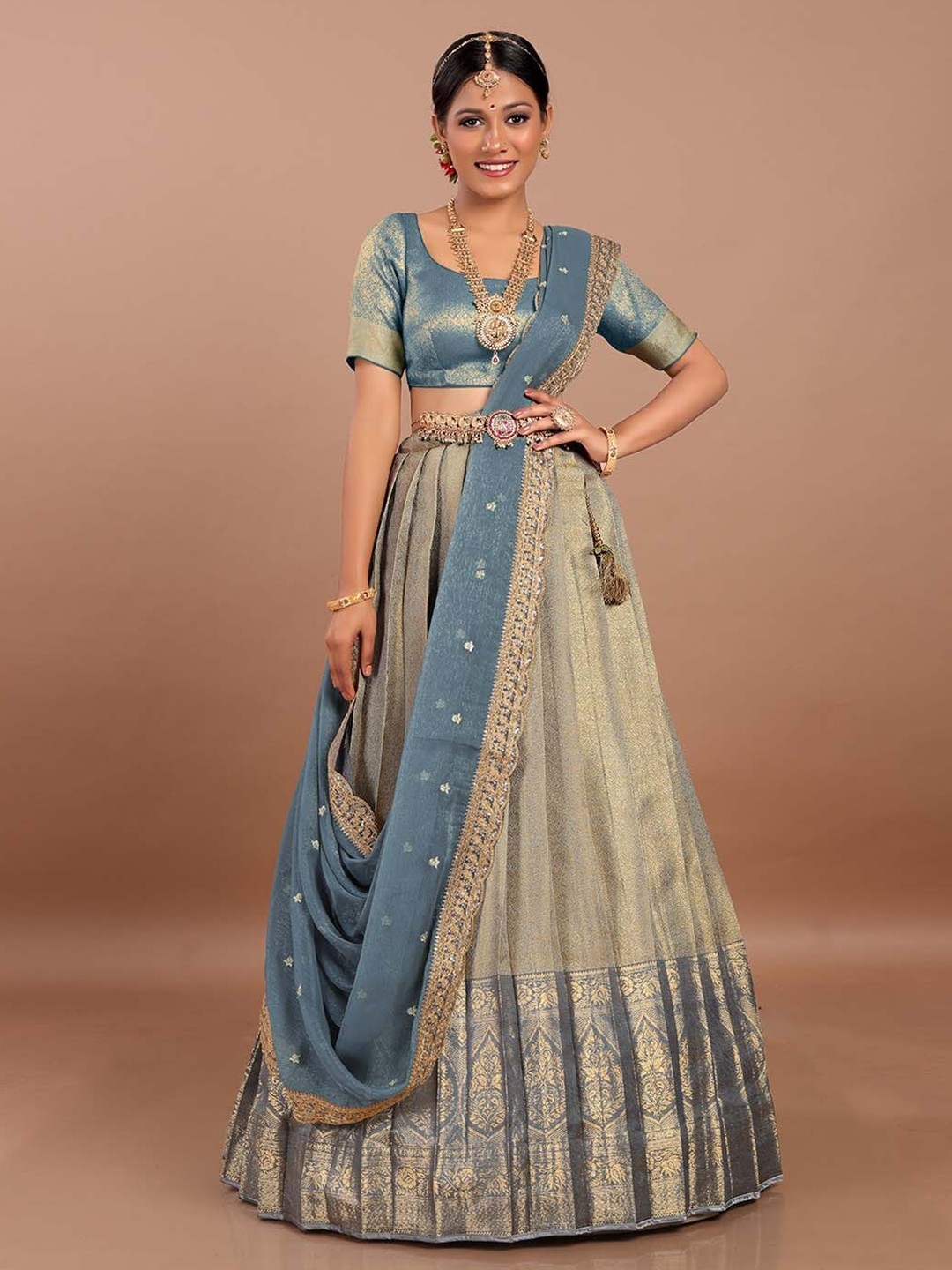 

HALFSAREE STUDIO Semi-Stitched Lehenga Choli With Dupatta, Grey