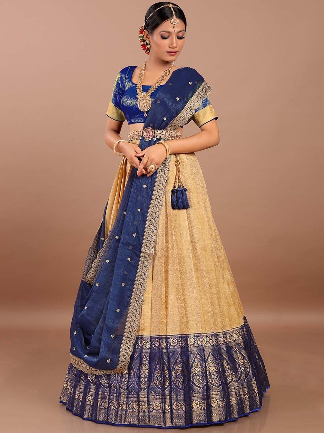 

HALFSAREE STUDIO Semi-Stitched Lehenga Choli With Dupatta, Cream