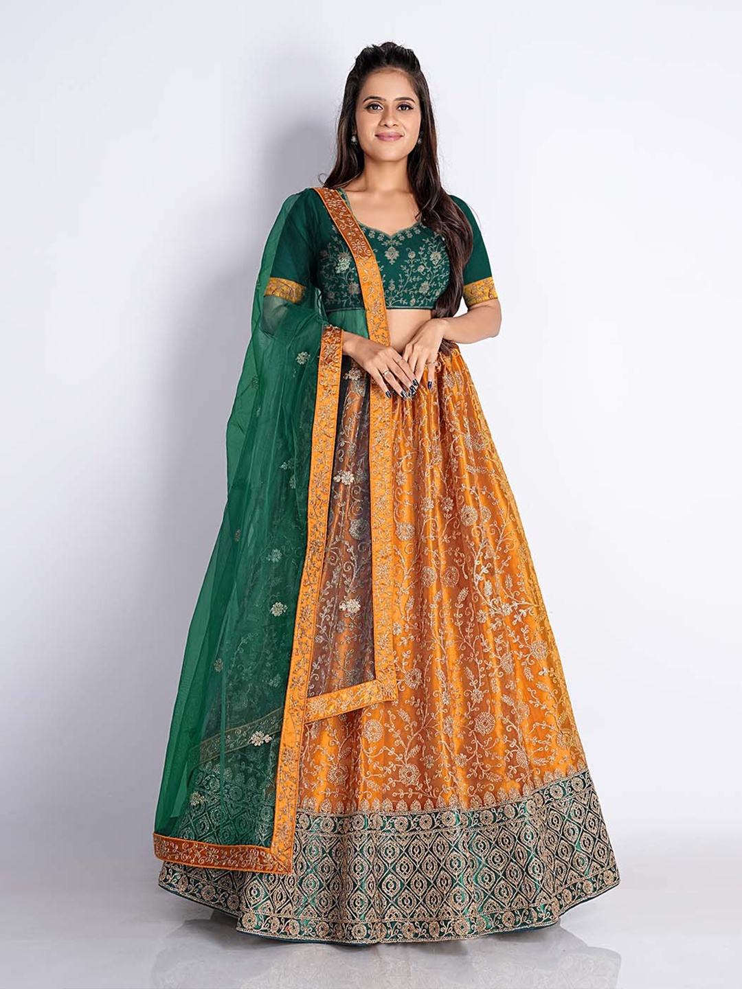 

HALFSAREE STUDIO Embroidered Net Semi-Stitched Lehenga & Unstitched Blouse With Dupatta, Mustard