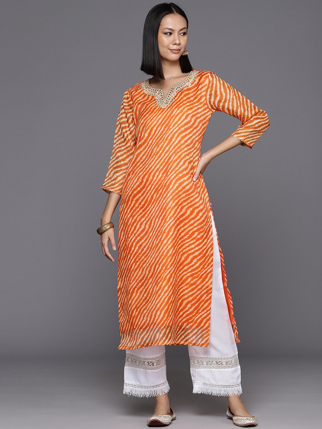 

KALINI Leheriya Printed Thread Work Detail Cotton Straight Kurta, Orange