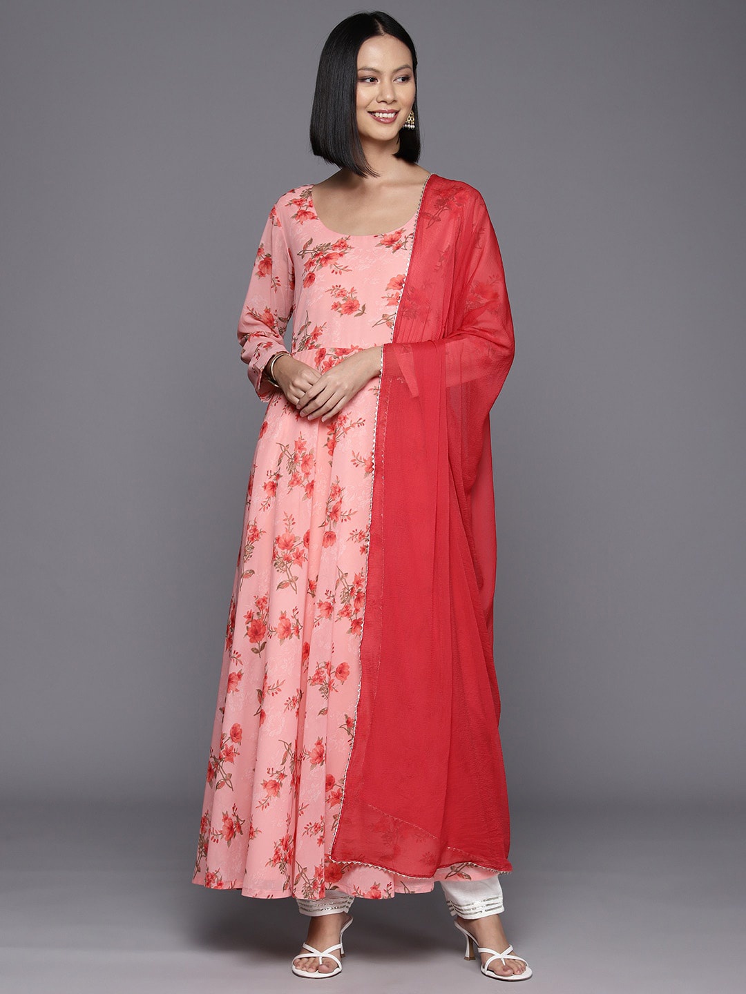 

KALINI Floral Printed Scoop Neck Anarkali Kurta With Dupatta, Pink