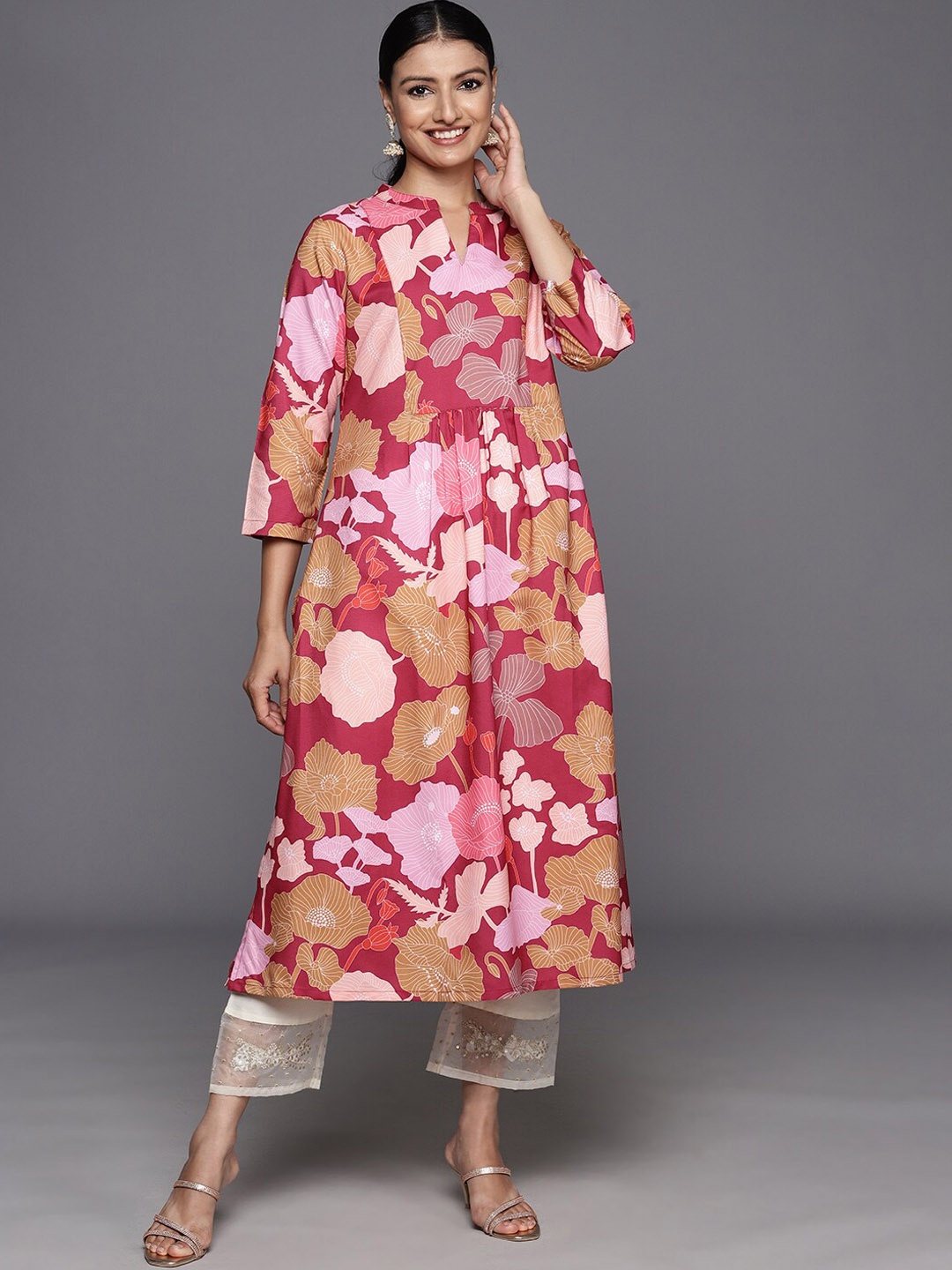 

KALINI Floral Printed Mandarin Collar A-Line Kurta, Burgundy