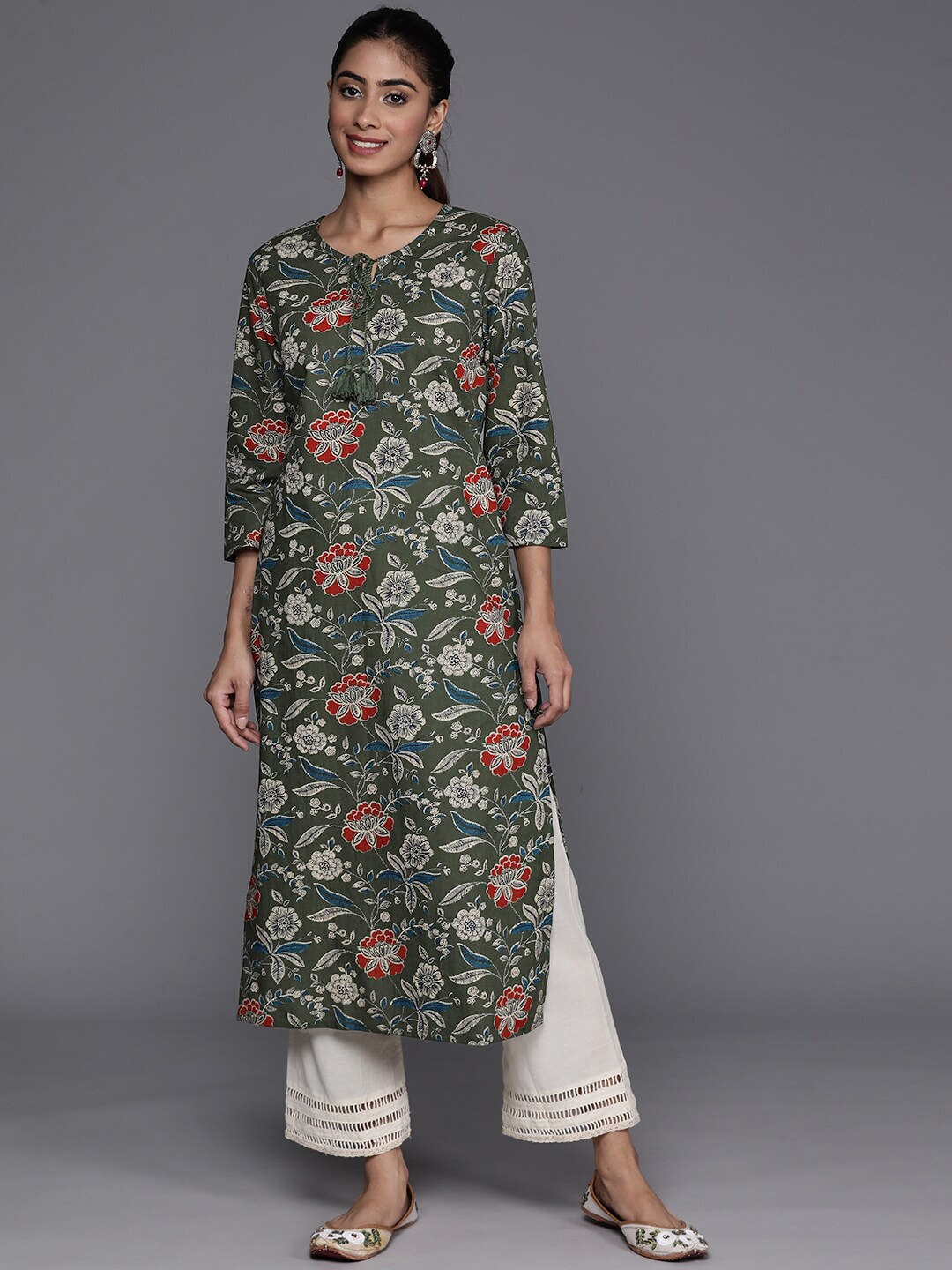 

KALINI Floral Printed Tie-Up Neck Sequinned Cotton Straight Kurta, Green