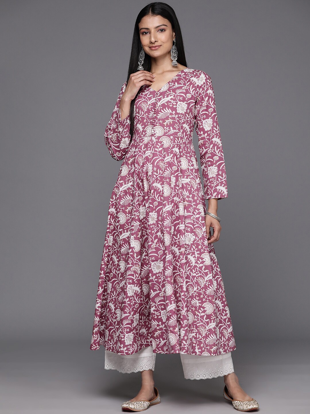 

KALINI Floral Printed V-Neck Cotton Anarkali Kurta, Mauve