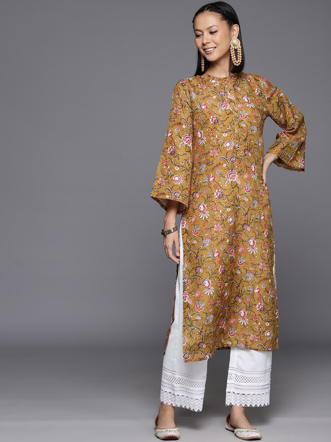 

KALINI Floral Printed Mandarin Collar Flared Sleeves Straight Kurta, Mustard